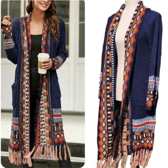 Unbranded Sweaters - Size L Aztec Tribal Print Fringe Hem Long Cardigan Boho Style  Knit Sweater